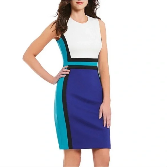 calvin klein dress blue and black Women's Sleeveless Cowl Neck Hotfix Scuba Sheath Dress, Indigo/ Black, 2 at Amazon Women's Clothing store Styled with a multi colorblocking design Colorblock Trim Midi Dress |